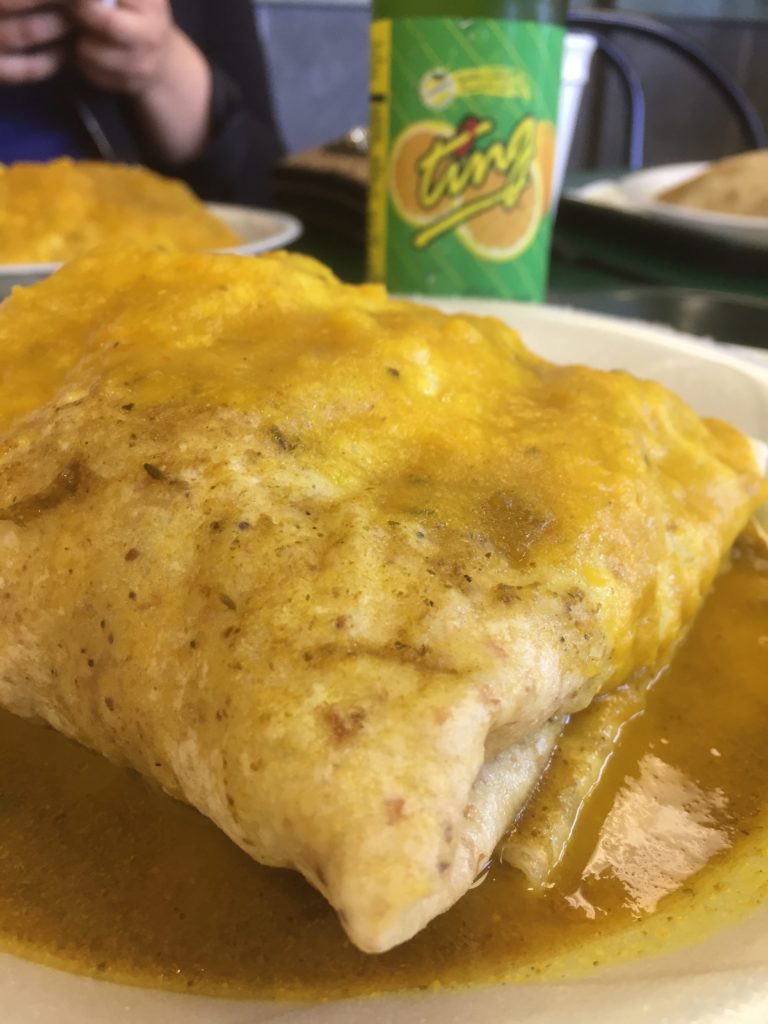 boneless goat roti covered in curry gravy with a Ting bottle at Island Foods North York