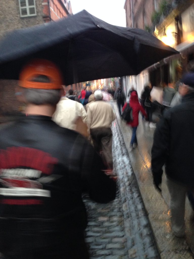 group walking down the cobblestones with umbrellas in Temple Bar