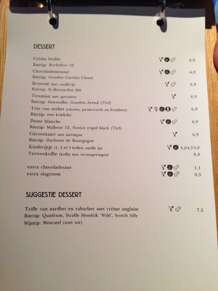 menu with vegan symbols and wine or beer pairing in Ghent
