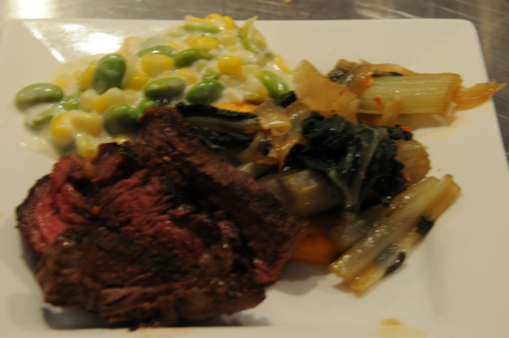 Rib Steak with sweet potato, Swiss chard vegetable mix, succotash