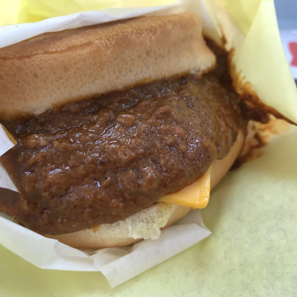 close up of chili cheeseburger at Tommy's Hamburgers in Fountain Valley