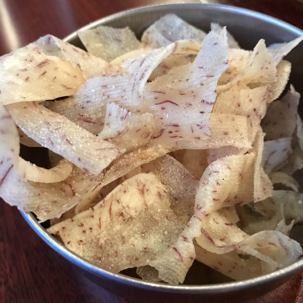 taro chips free appetizer at Moo Pa Thai in Long Beach
