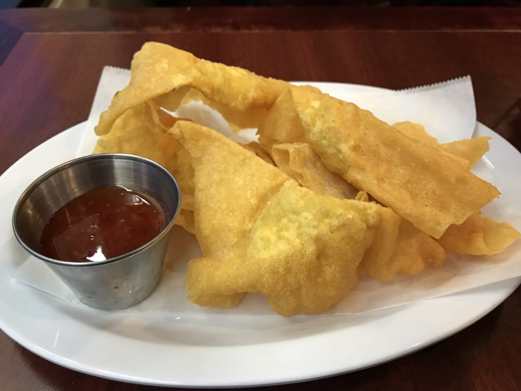 fried wontons with sauce as a bonus for social media check-ins at Moo Pa Thai in Long Beach