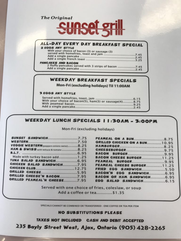 Menu front showing special deals at Sunset Grill in Ajax.