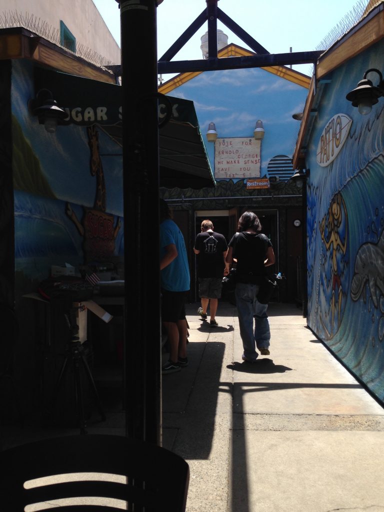 the patio has colourful murals at the Sugar Shack